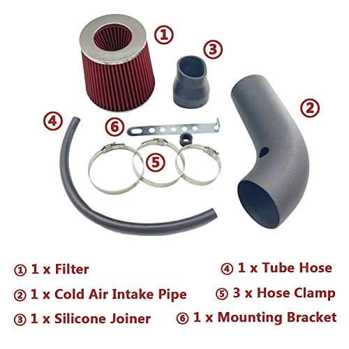 MOOSUN 3" Universal Cold Air Intake Kit Intake Pipe Kit Aluminium Automotive Air Intake Air Filter Induction Flow Hose Pipe Kit Red Filter - Image 3