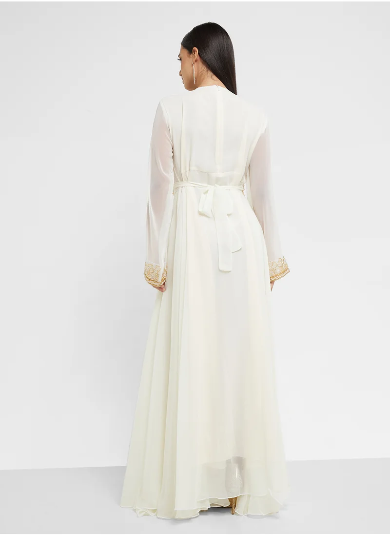 hayas closet Embroidered V-Neck Straight Sleeve Dress