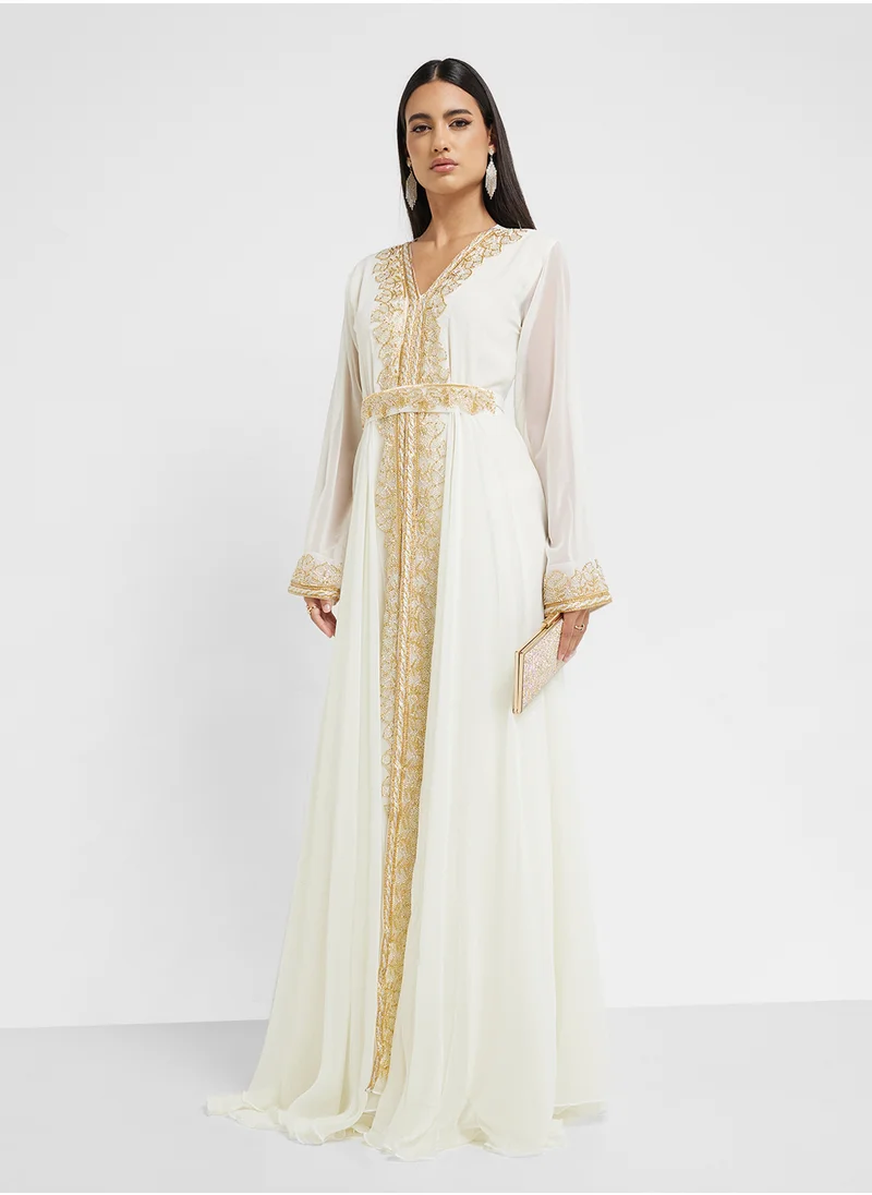 hayas closet Embroidered V-Neck Straight Sleeve Dress