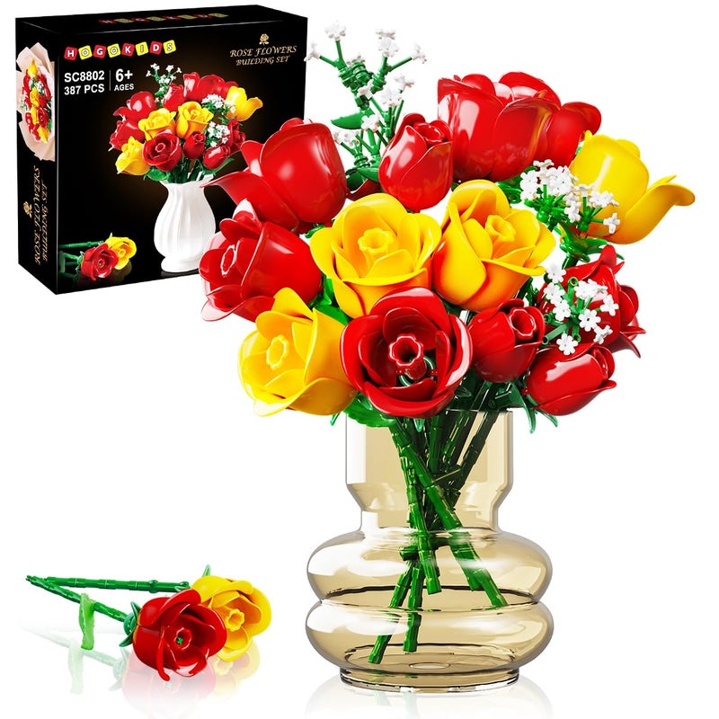 HOGOKIDS Flowers Bouquet Building Set with Lights 16 Roses Bouquet Botanical Building Blocks Artificial Red Roses Flower for Home Decor Birthday Valentines Gifts for Adults Girl 387PCS Yellow - Image 3