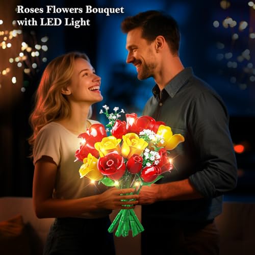 HOGOKIDS Flowers Bouquet Building Set with Lights 16 Roses Bouquet Botanical Building Blocks Artificial Red Roses Flower for Home Decor Birthday Valentines Gifts for Adults Girl 387PCS Yellow - Image 5