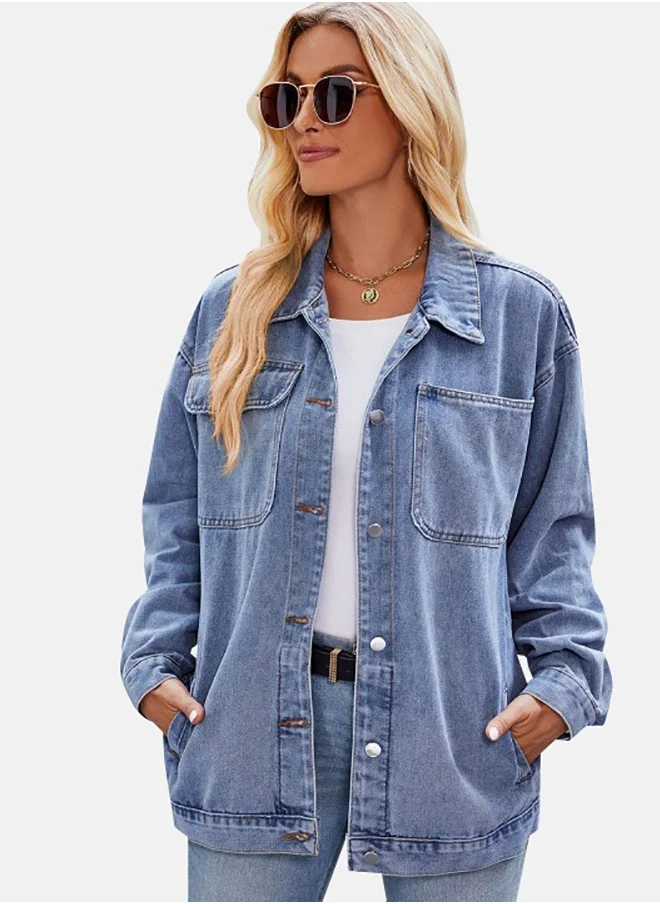 YUNIQEE Blue Collared Long Sleeve Denim Jacket