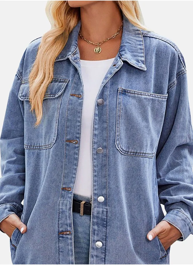 YUNIQEE Blue Collared Long Sleeve Denim Jacket