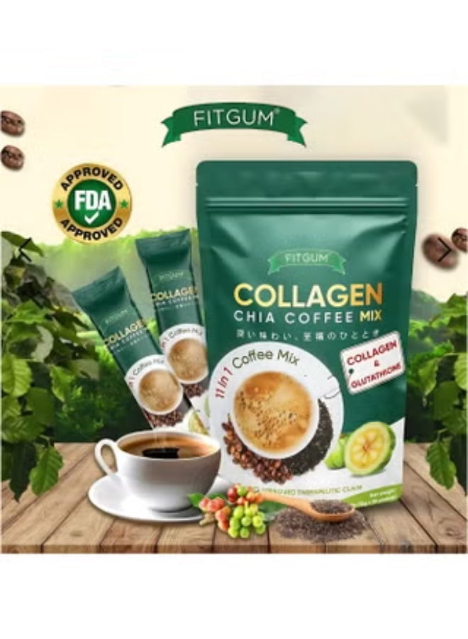 FitGum Collagen Chia Coffee Mix – 11-in-1 Coffee Blend with Glutathione, Garcinia, Goji Berry & Hyaluronic Collagen (10 Sachets)