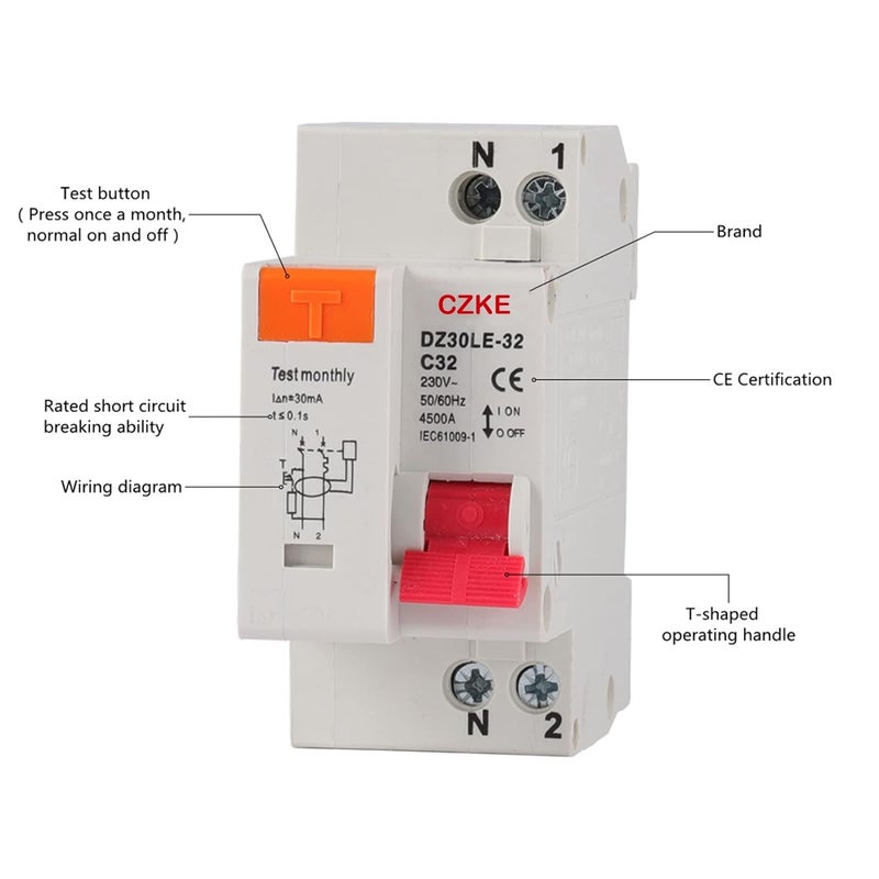 DZ30LE 32 RCBO قاطع الدائرة 32A 1P N 230V حماية من التسرب الحالي الزائد القصير - Image 3