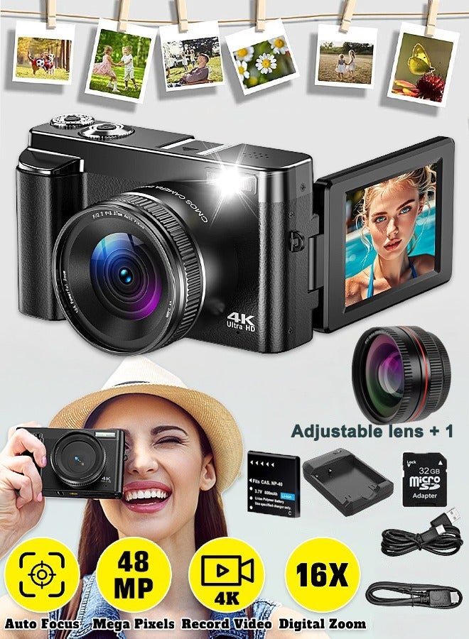 ASIV 4K Digital Camera for Photography - Autofocus 48MP Vlogging Camera - 180 Degree Flip Screen - 16X Digital Zoom - 4K Record Video - 32GB SD Card - Image 1