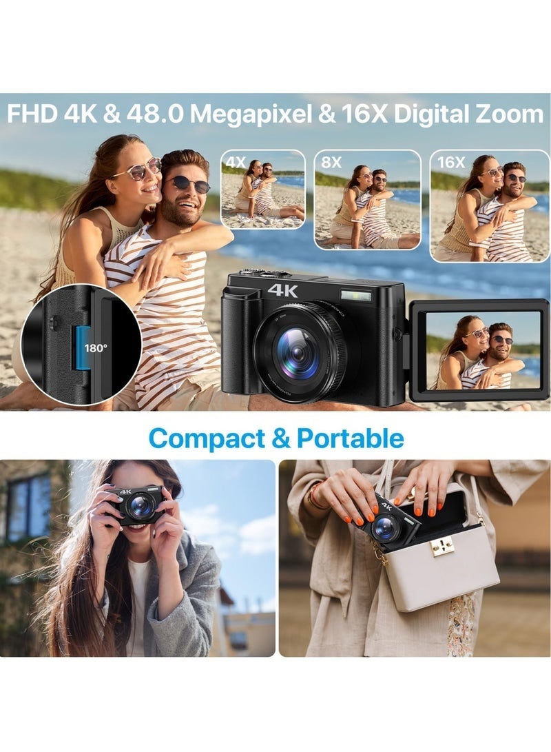ASIV 4K Digital Camera for Photography - Autofocus 48MP Vlogging Camera - 180 Degree Flip Screen - 16X Digital Zoom - 4K Record Video - 32GB SD Card - Image 3