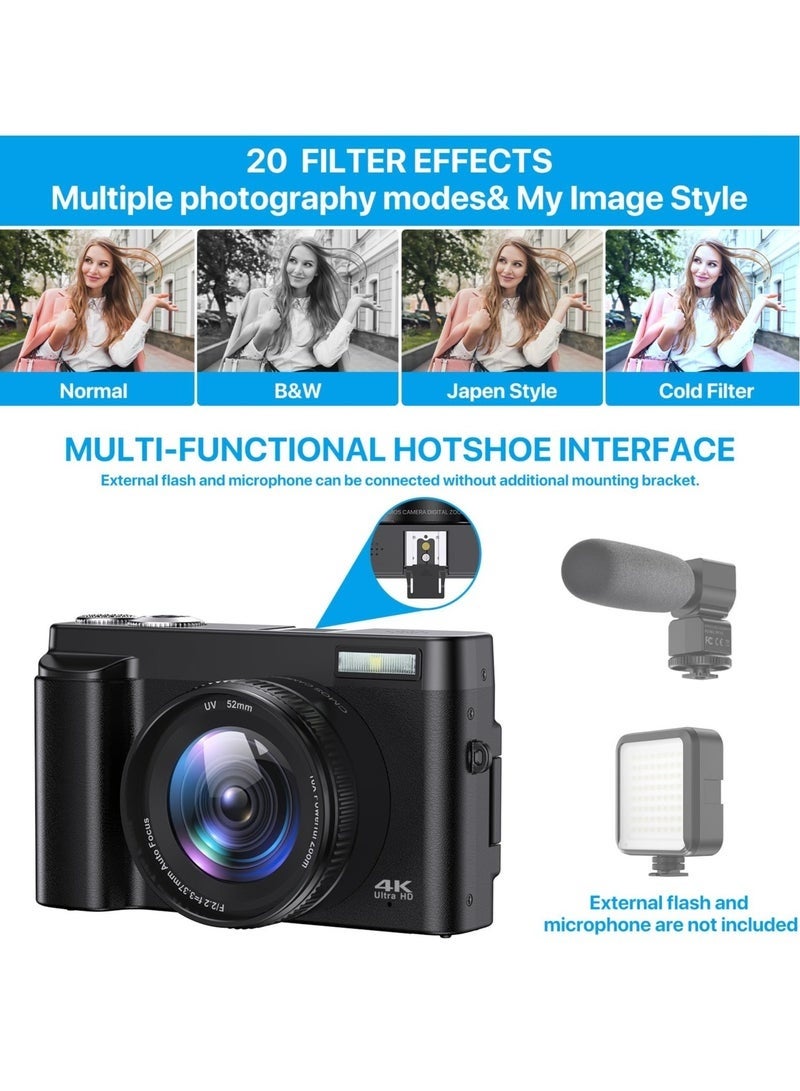 ASIV 4K Digital Camera for Photography - Autofocus 48MP Vlogging Camera - 180 Degree Flip Screen - 16X Digital Zoom - 4K Record Video - 32GB SD Card - Image 2