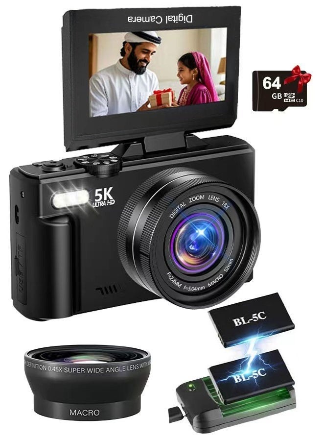 ASIV 5K Digital Camera, 75MP Camera Digital for Photography, Point and Shoot Camara with 128GB Micro SD Card, 18X Digital Camera with 3" 180° Flip Screen, Vlogging Camera for Beginner Gift, Wide Angle & Macro Lens, Rechargeable Battery - Image 1