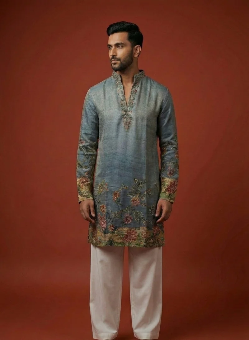 Lehar Men’s Slate Blue Silk-Blend Kurta with Botanical Threadwork & Sleeve Accents