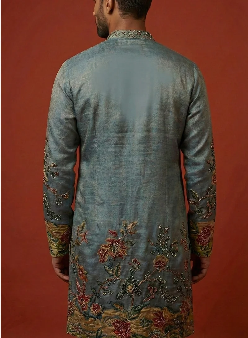 Lehar  Men’s Slate Blue Silk-Blend Kurta with Botanical Threadwork & Sleeve Accents for Men | Best Price UAE