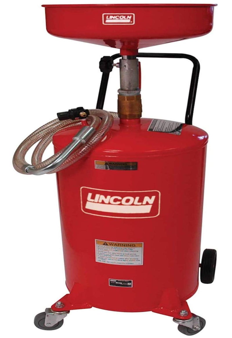 Lincoln 3601 Pneumatic 18 Gallon Pressurized Fluid Drain and Evacuation Tank, 45-72" Adjustable Funnel Height, Fluid Level Indicator, 14" Bowl, 150 PSI, 3" Swivel Casters, Steel Construction, Red - Image 1
