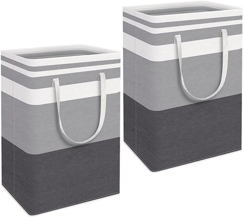 2pcs Foldable Laundry Hamper Large Waterproof Clothes Storage Basket with Handles Black Gray White Striped for Home Organization and Dirty Clothes Storage - Image 1