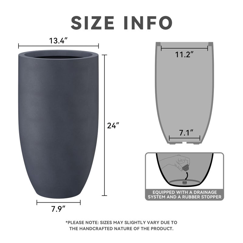 Kante 24 Inch Tall Round Concrete Planter, Large Indoor Outdoor Plant Pots with Drainage Hole and Rubber Plug, Modern Decorative Garden Pots for Home Patio Porch, Charcoal - Image 2