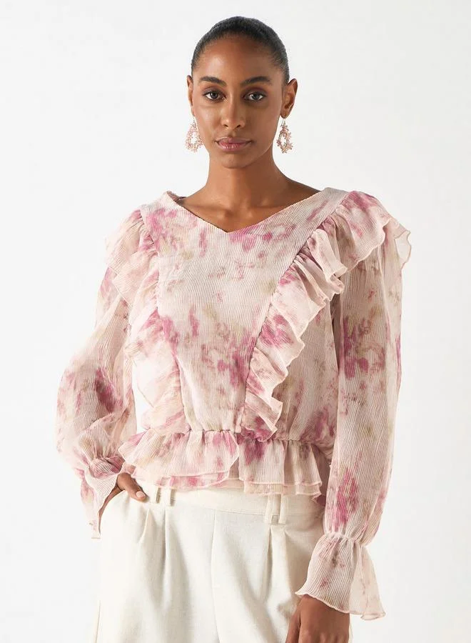 2Xtremz 2Xtremz All-Over Print Top with V-neck and Ruffle Detail