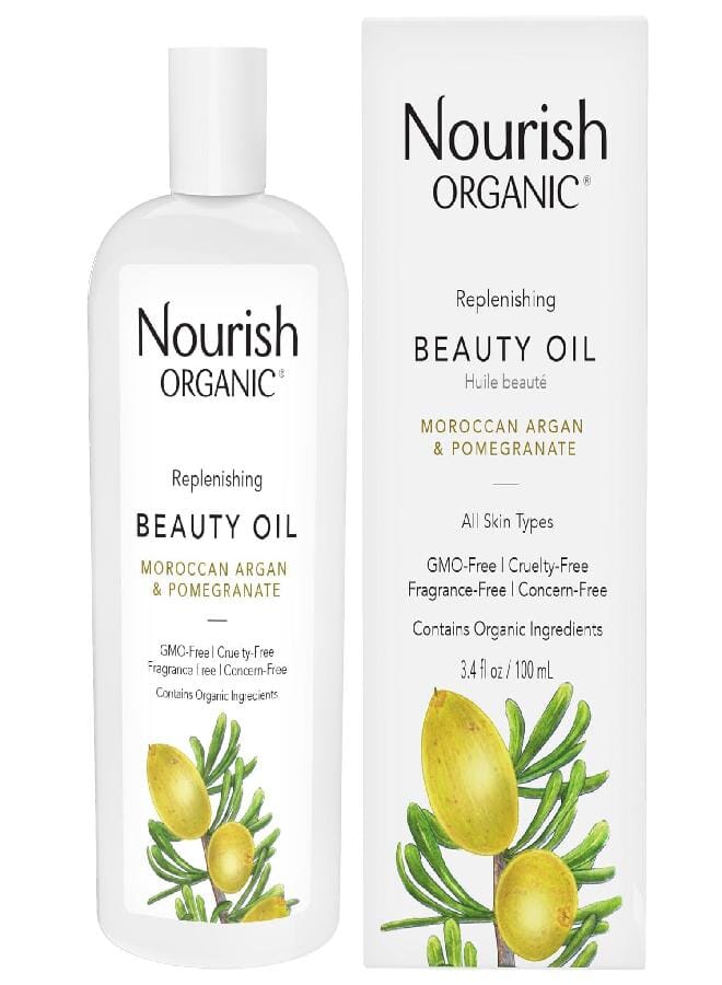 Nourish ORGANIC Nourish Organic Beauty Oil - Replenishing Body Oil with Moroccan Argan Oil, Pomegranate, Rosehip Oil & Vitamin E, 3.4 Oz + Washable Cotton Round - Image 1
