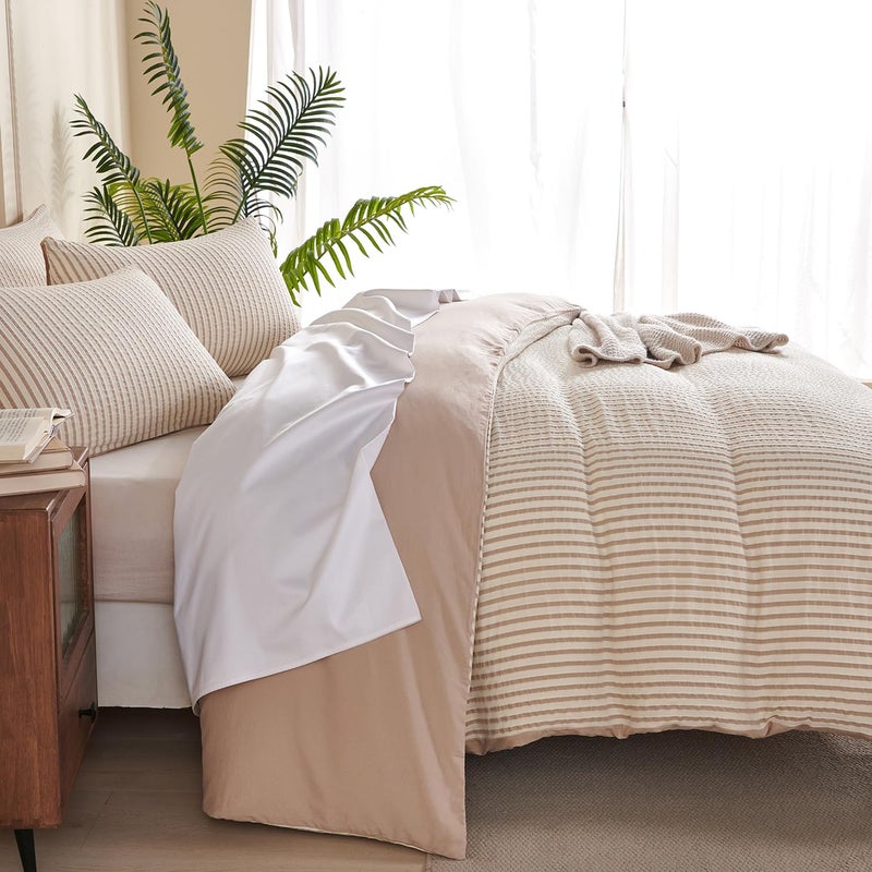 BUPIRD Queen Comforter Set Striped Beige 100% Soft Washed Microfiber Jacquard 3 Pieces Striped Bedding Sets Beige White Comforter for All Seasons and 2 Pillowcases Comfort Breathable - Image 5