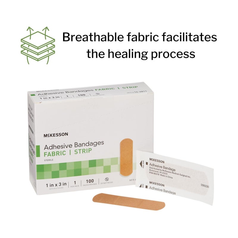 McKesson Adhesive Bandages, Sterile, Fabric Strip, 1 in x 3 in, 100 Count, 4 Packs, 400 Total - Image 4