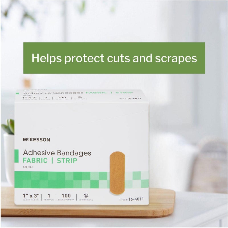McKesson Adhesive Bandages, Sterile, Fabric Strip, 1 in x 3 in, 100 Count, 4 Packs, 400 Total - Image 3