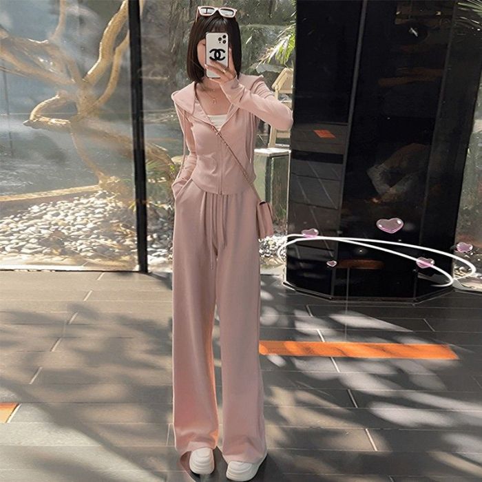 Fashion Wear suit 2025 Spring and Autumn New Womens High-end Casual Hooded Sweatshirt Wide-leg Pants Two-piece Set Apricot - Image 3