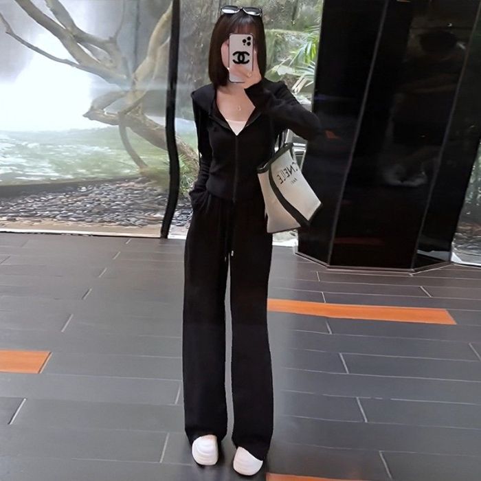 Fashion Wear suit 2025 Spring and Autumn New Womens High-end Casual Hooded Sweatshirt Wide-leg Pants Two-piece Set Apricot - Image 2