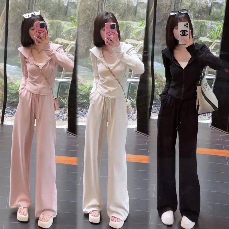 Fashion Wear suit 2025 Spring and Autumn New Womens High-end Casual Hooded Sweatshirt Wide-leg Pants Two-piece Set Apricot - Image 4