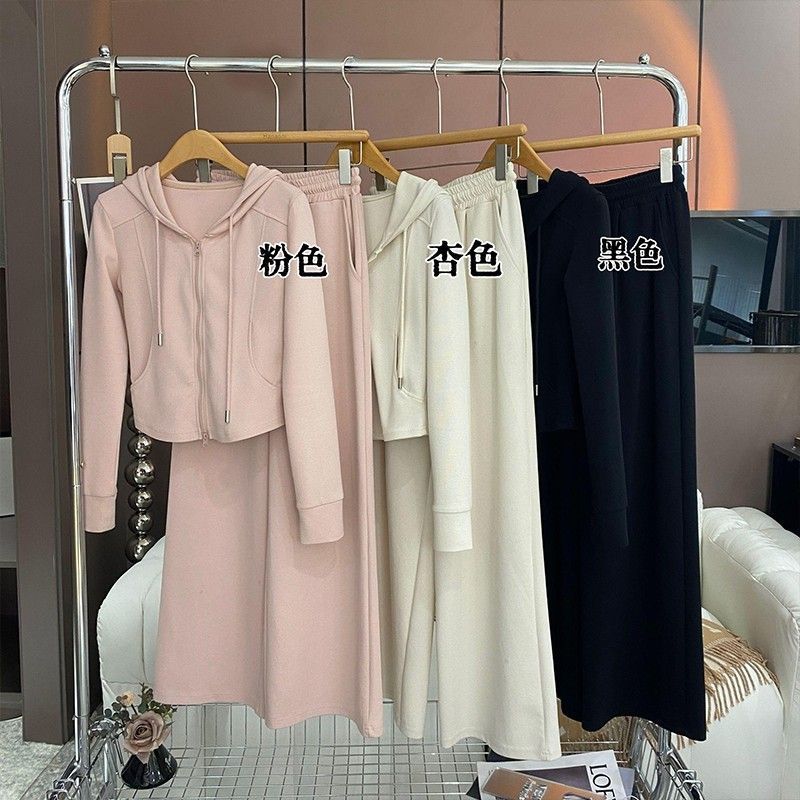 Fashion Wear suit 2025 Spring and Autumn New Womens High-end Casual Hooded Sweatshirt Wide-leg Pants Two-piece Set Apricot - Image 5
