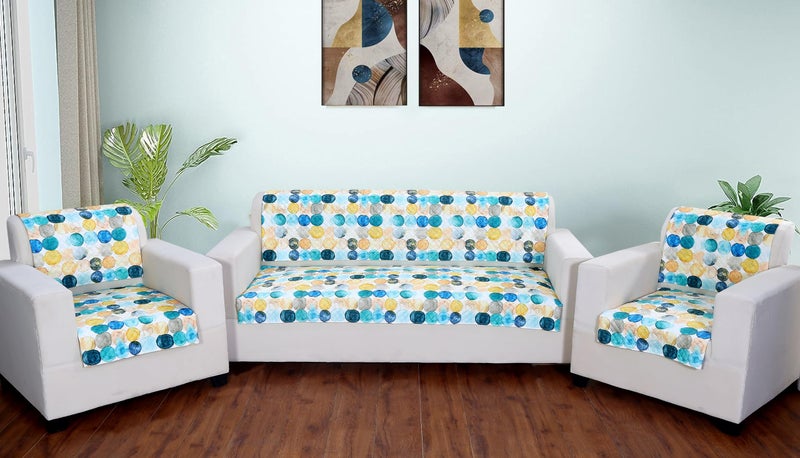 FABANE Velvet Printed Sofa Seat Cover For 5 Seater With Heavy Antiskid Backing & Easily Machine Washable Sofa Seat Runner For Couch-(27 X24 Inches-4 Pieces, 27 X72 Inches-2 Piece) Yellow Circles - Image 1