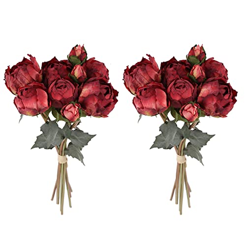 ICBOX Peonies Artificial Flowers 2 Bouquets, Vintage Peonies 18pcs Silk Peonies with Stems Real Look Red Fake Peonies Flowers Artificial for Decoration for Wedding Bouquet (Red) - Image 1