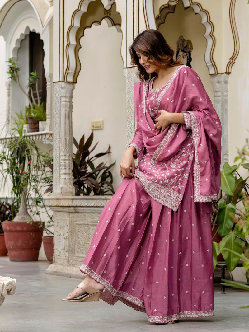 TRENDMALLS Women's Art Silk Embroidery Kurta Palazzo with Dupatta Set (G298-LightPink-M) - Image 3