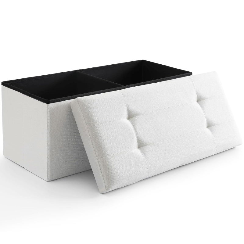 CUYOCA Storage Ottoman Bench Foldable Seat Footrest Shoe Bench End of Bed Storage with Flipping Lid 75L Storage Space 30 inches Linen Fabric White OT026WS