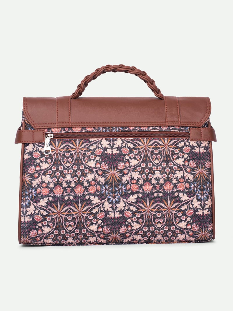 ZOUK Heritage Satchel Bag - Gwalior Weaves | Jute | Vegan Leather Handcrafted With Detachable Sling Strap | Kashmir Blooms - Image 5