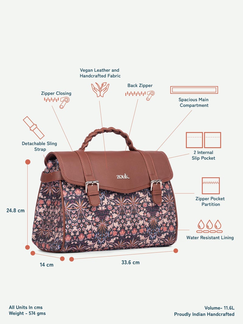 ZOUK Heritage Satchel Bag - Gwalior Weaves | Jute | Vegan Leather Handcrafted With Detachable Sling Strap | Kashmir Blooms - Image 4