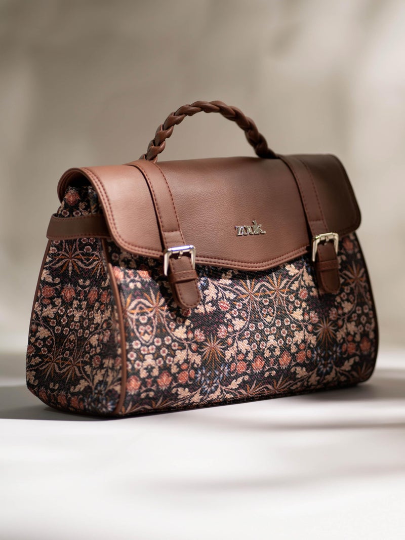 ZOUK Heritage Satchel Bag - Gwalior Weaves | Jute | Vegan Leather Handcrafted With Detachable Sling Strap | Kashmir Blooms - Image 3