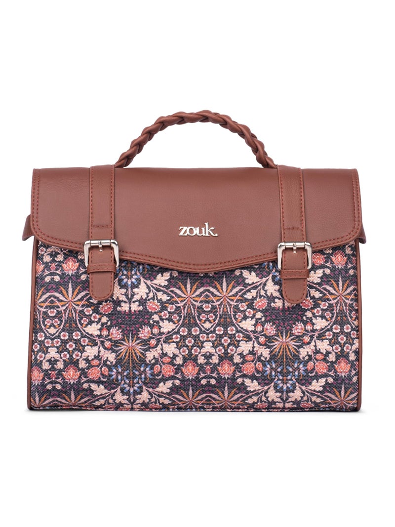 ZOUK Heritage Satchel Bag - Gwalior Weaves | Jute | Vegan Leather Handcrafted With Detachable Sling Strap | Kashmir Blooms - Image 1
