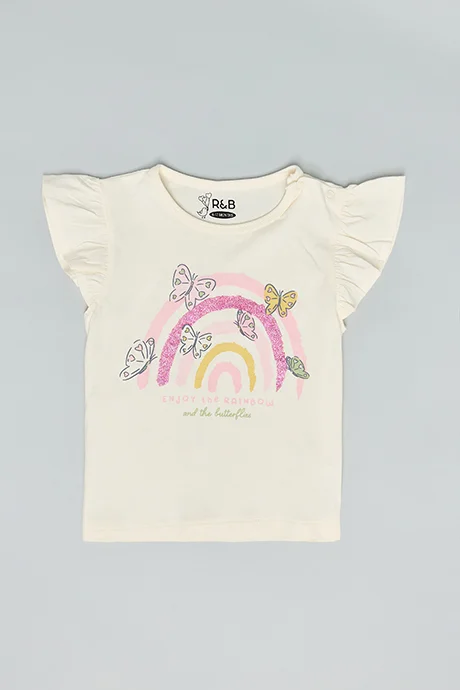 أر أند بي Printed Top with Crew Neck and Flutter Sleeves