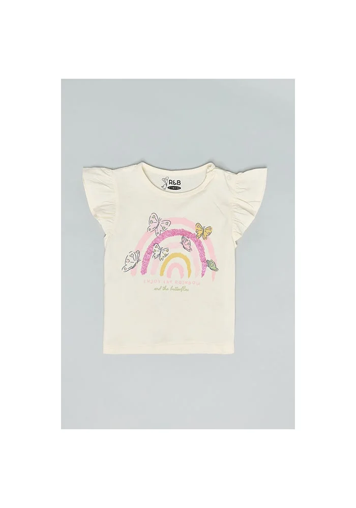 أر أند بي Printed Top with Crew Neck and Flutter Sleeves