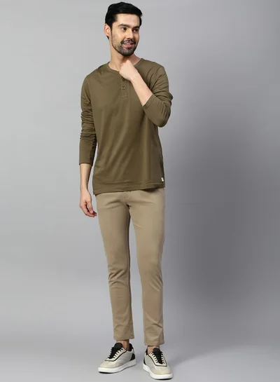 Dennis Lingo Men's Walnut 100% Cotton Solid Full Length Chinos Tapered Fit Trouser