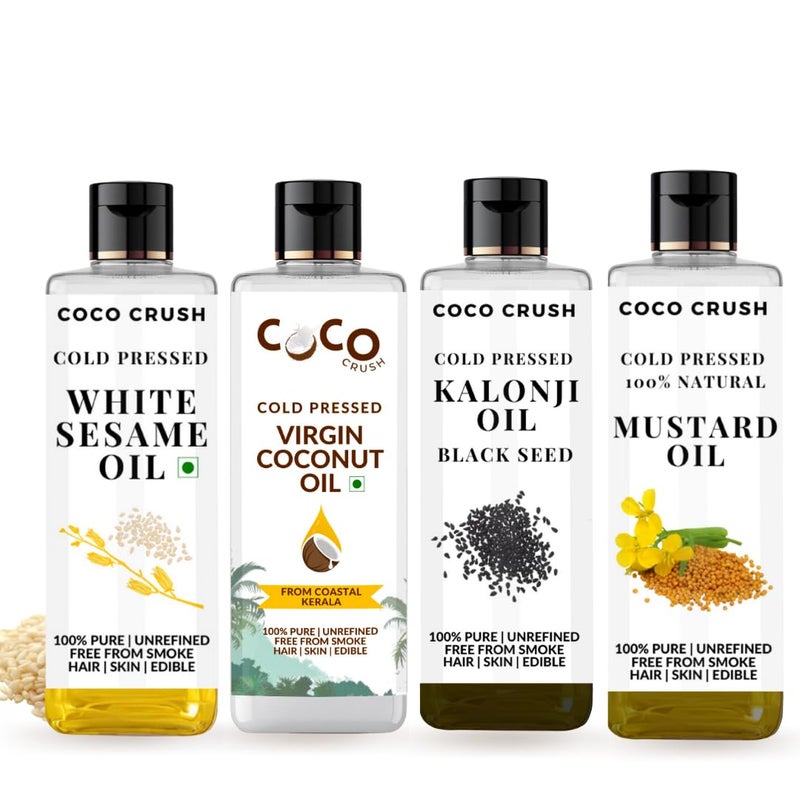 COCO CRUSH Combo of Virgin Coconut Oil White Sesame Oil Mustard Oil  Kalonji Black Seed Oil  ColdPressed  100 Natural  For Body  Hair Massage 4  100ml 400ml - Image 1