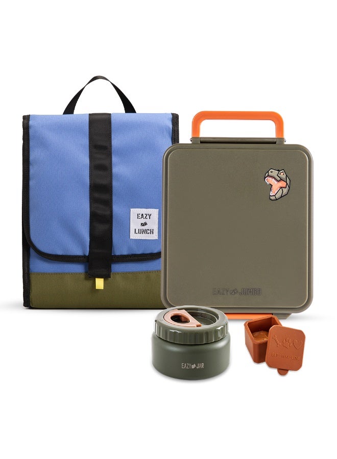 Eazy Kids Eazy Kids Jumbo Bento Lunch Box w/ Lunch Bag, Thermos & Dip Jar- Green - Image 1