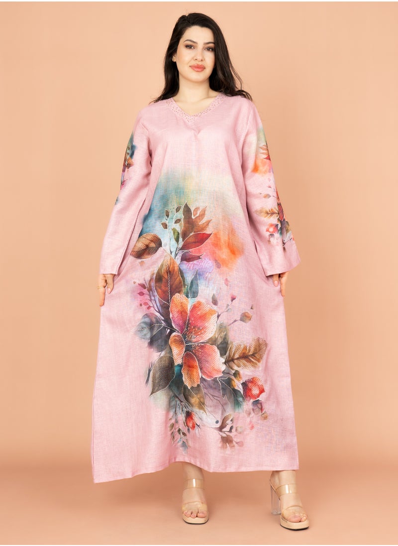 IKKXA Graceful Floral Highlight Jalabiya IN1848 Pink  - Image 1