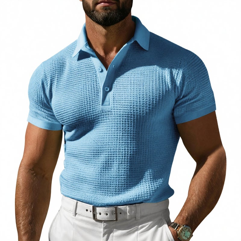 Men's Waffle Knit Polo Shirt Short Sleeve Summer Casual Top
