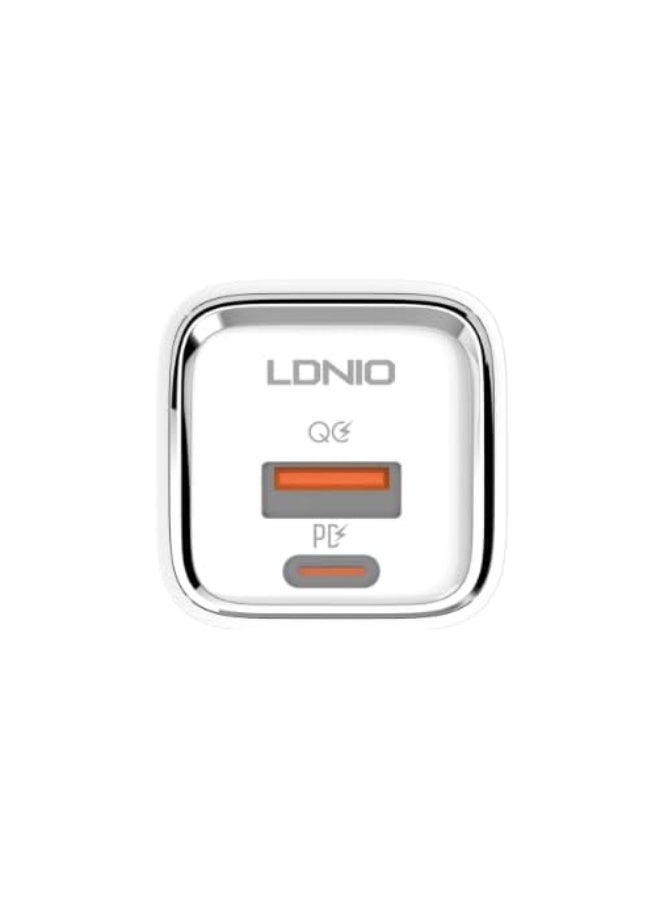 لدنيو شاحن جداري سريع من LDNIO A2317C، مزود بسلك USB-C وفتحة USB-C، بقوة 30 واط، لون أبيض (مع مقبس أوروبي) - Image 2