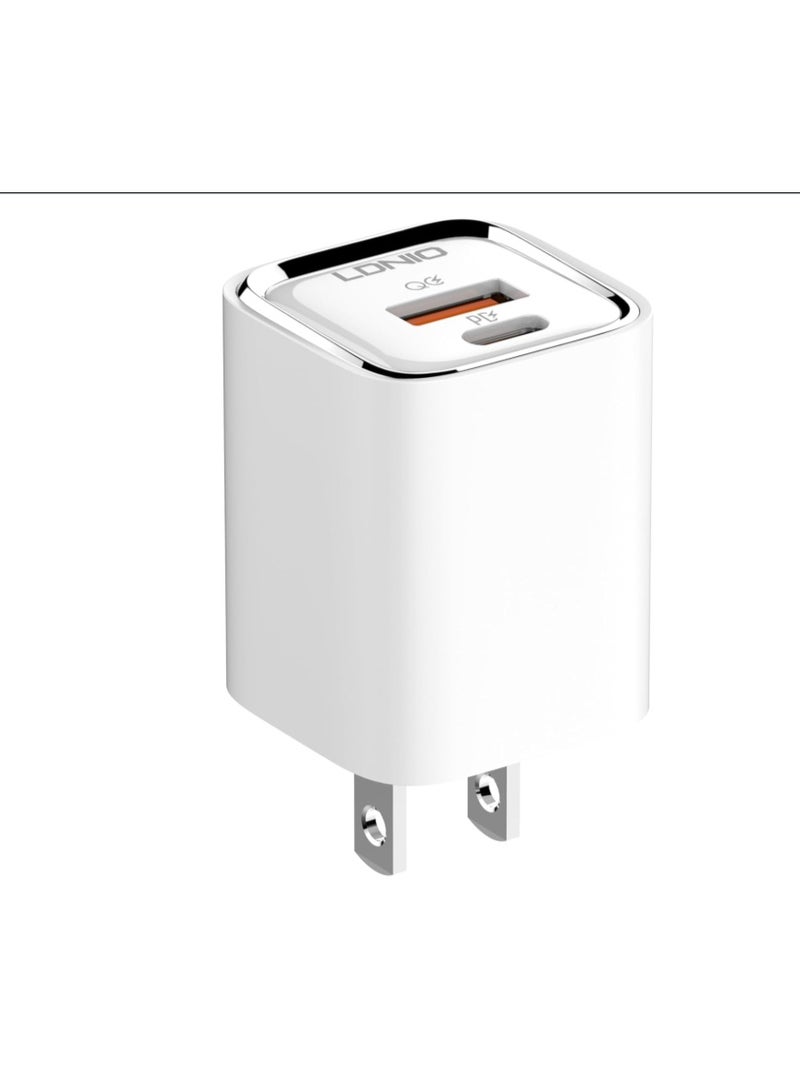 لدنيو شاحن جداري سريع من LDNIO A2317C، مزود بسلك USB-C وفتحة USB-C، بقوة 30 واط، لون أبيض (مع مقبس أوروبي) - Image 1