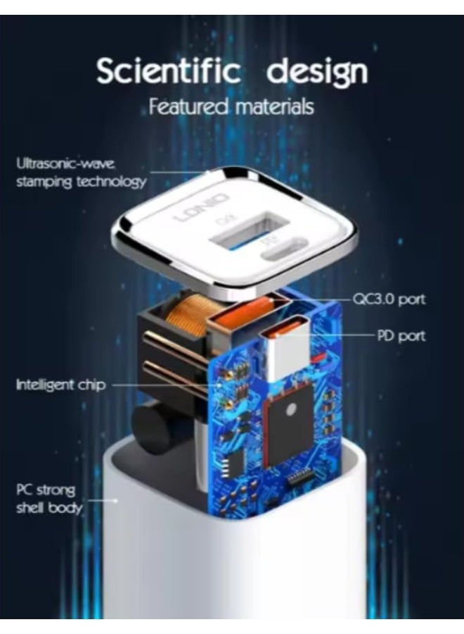 لدنيو شاحن جداري سريع من LDNIO A2317C، مزود بسلك USB-C وفتحة USB-C، بقوة 30 واط، لون أبيض (مع مقبس أوروبي) - Image 3