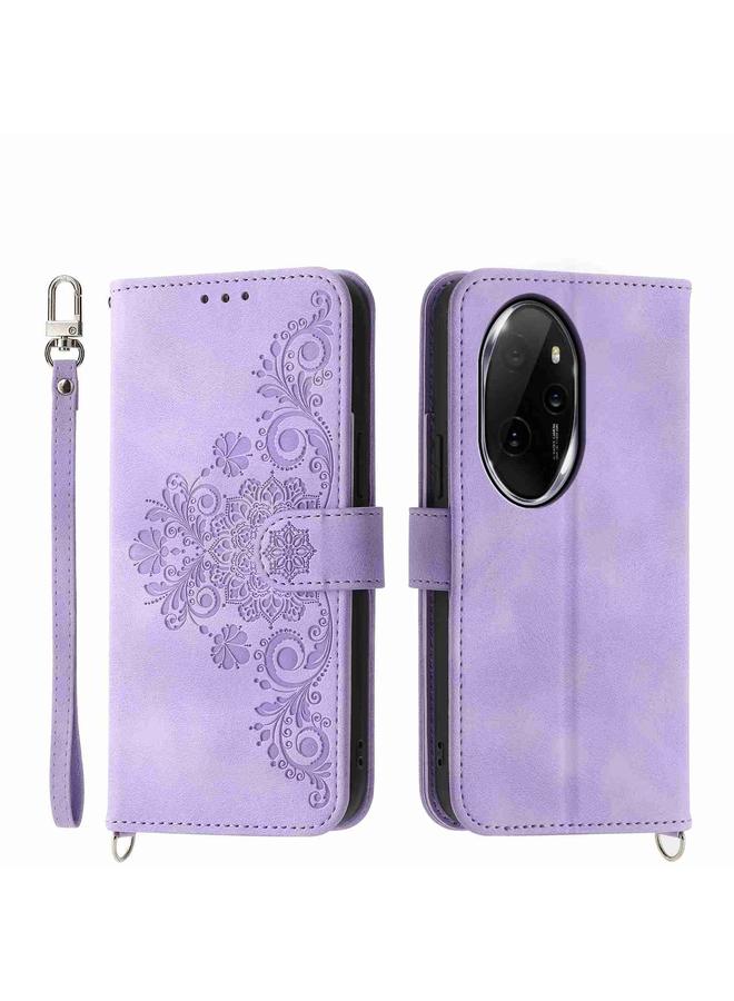 اس-توب جراب لهاتف Honor 100 Pro مصنوع من الجلد ومزين بنقشة زهور - Image 1