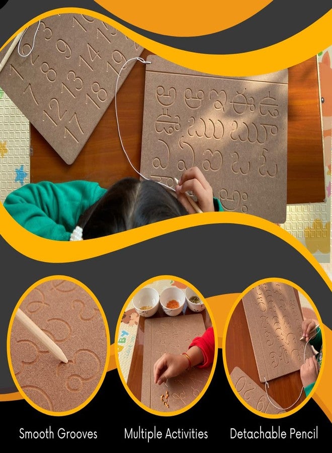 CRYA Telugu Educational Tracing Wooden Board for Kids | Handwriting, Counting and Learning Montessori Slates | Reversible Set of 2 Puzzles (Telugu, Cursive English and Numbers) - Image 2