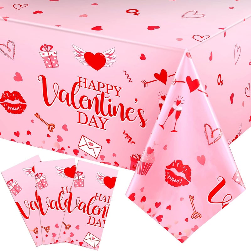 Tatuo 3 Pack Valentines Day Table Cloth Happy Valentine Tablecloth Decoration Plastic Rectangular Love Heart Tablecloth Table Cover Wedding Anniversary Birthday Decor 54 x 108 InchPink - Image 1
