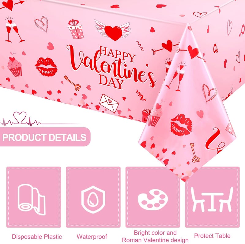 Tatuo 3 Pack Valentines Day Table Cloth Happy Valentine Tablecloth Decoration Plastic Rectangular Love Heart Tablecloth Table Cover Wedding Anniversary Birthday Decor 54 x 108 InchPink - Image 3