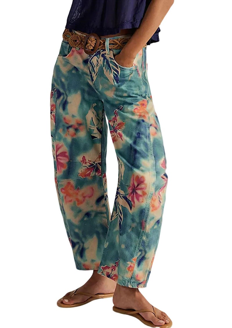 loveimgs Women Boyfriend Baggy Barrel Jeans Floral Print Denim Ankle Pants Wide Leg Mid Rise Jeans Sweatpants Y2k Patchwork (XX-Large,Tie dye) - Image 1